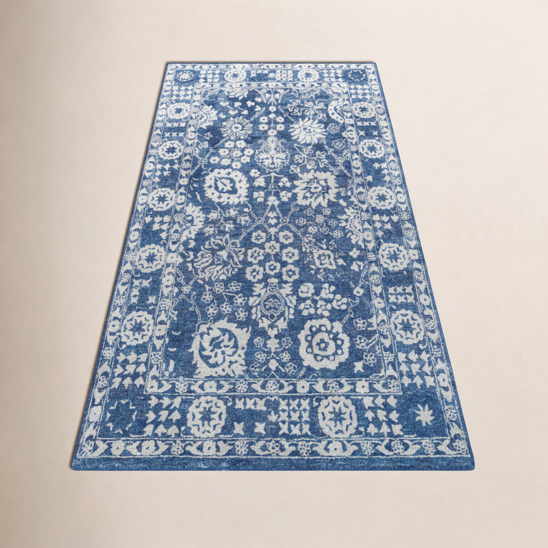 Tapis oriental en laine touffeté à la main bleu / blanc Cece, Tapis de couloir 2 pi 3 po x 8 pi