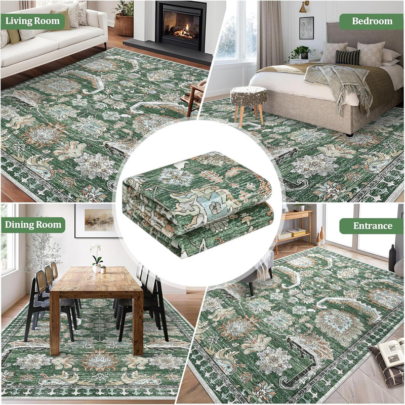 Washable Area Rug Thin Soft Vintage Indoor Rug or Dining Non-Slip Throw Rug Foldable Carpet Entry Playroom Green
