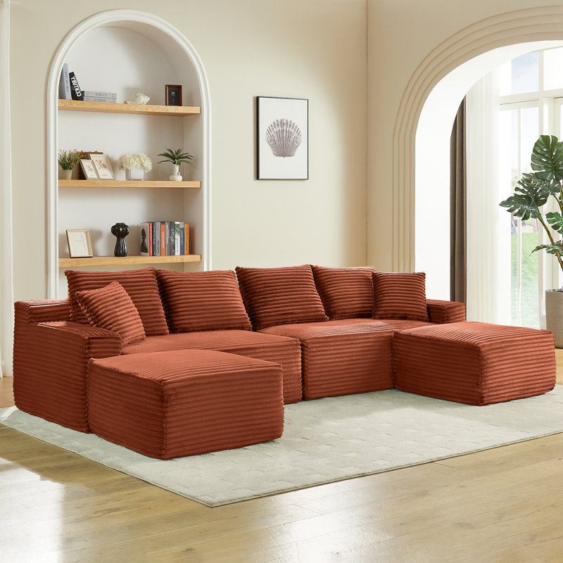 Boneless 115" Wide Modular Corduroy Sectional No Assembly, Orange