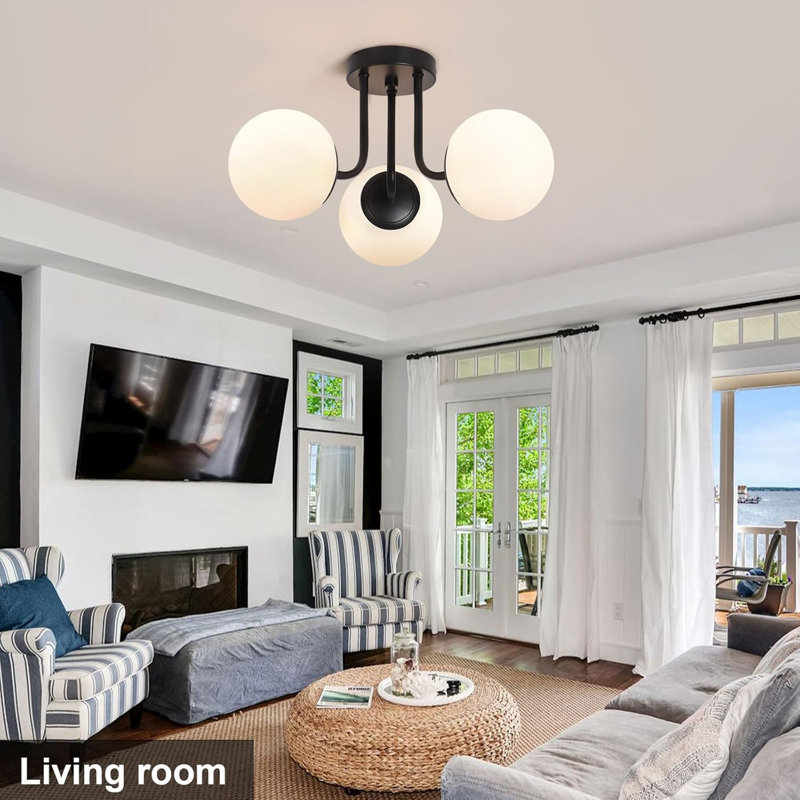 Matte Black 3-Light Semi Flush Mount Ceiling Fixture with Milk Glass Globes