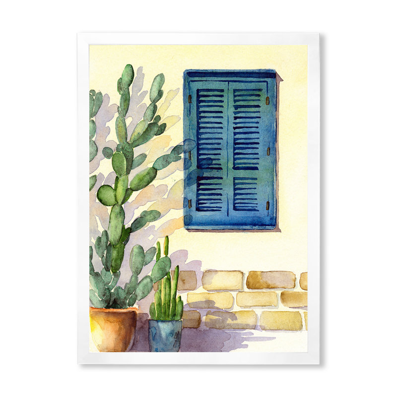 «House Facade With A Window With Turquoise Shutters», reproduction d'art sur toile encadrée, H 30 po x l 40 po, Blanc