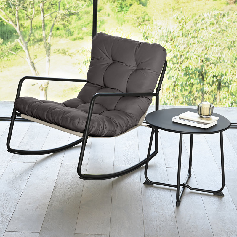 Outdoor Rocking Chair Set, 2-Piece Metal Patio Bistro Set with Patio Rocker Chair and Round Side Table, Outdoor Papasan Chair with Padded Cushion for Living Room, Apartment, Indoor, Dark Grey