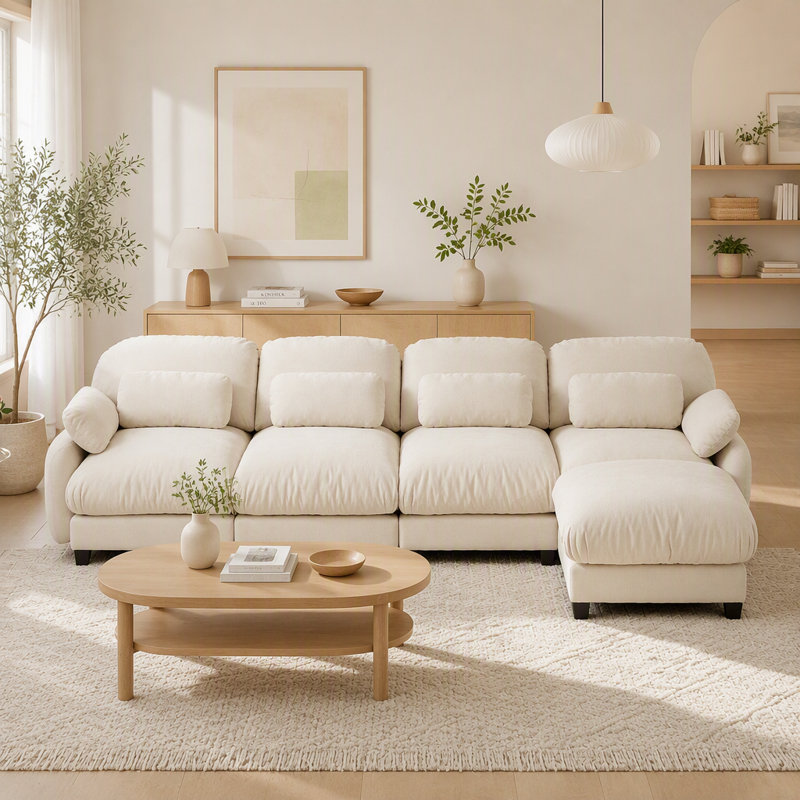 Repose-pieds en L en chenille pour canapé de salon en L 4 places beige, L 136,2 po, Chenille beige