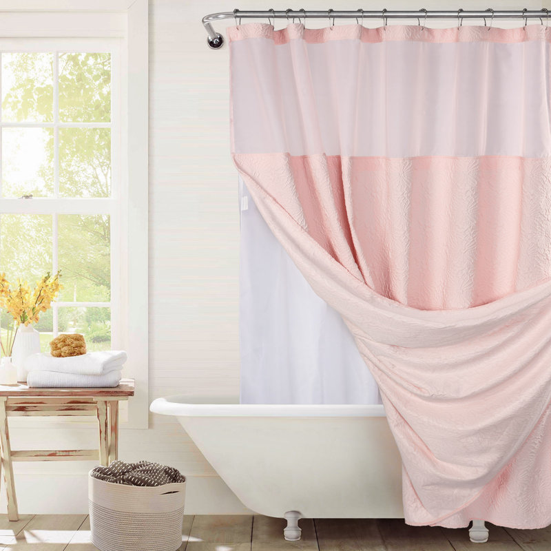 Rideau de douche à motif floral Preslynn avec crochets inclus et doublure incluse, Rosé
