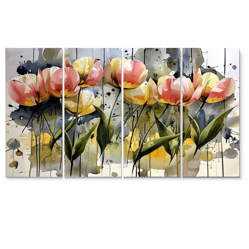 Aquarelle, tulipes, bouquet de fleurs de printemps I - tulipes - art mural traditionnel, ensemble de 4 pièces