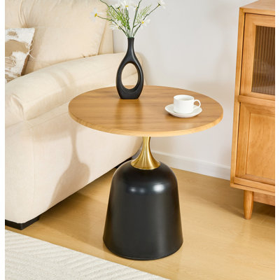 Table basse de 23,6 pouces avec table d'appoint circulaire, table de salon à base en métal, décoration moderne simple à grain de bois, bureau avec tête de lit à canapé circulaire unique