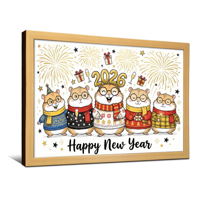 Animaux mignons hamsters fêtent le Nouvel An avec des feux d'artifice, H 12 po x l 18 po, Toile tendue, Ne s’applique pas