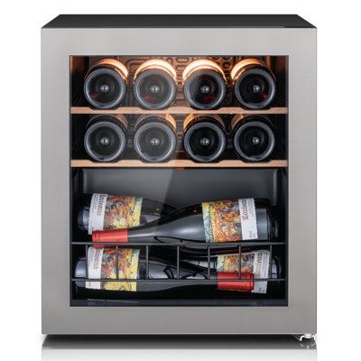 Cave à vin Ca'Lefort de 43 cm de large, 14 bouteilles, pose libre, avec porte vitrée réversible à double vitrage, deux étagères réglables et éclairage intérieur tricolore.