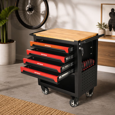 Chariot à outils multifonctionnel à 4 tiroirs avec roulettes et plateau en bois