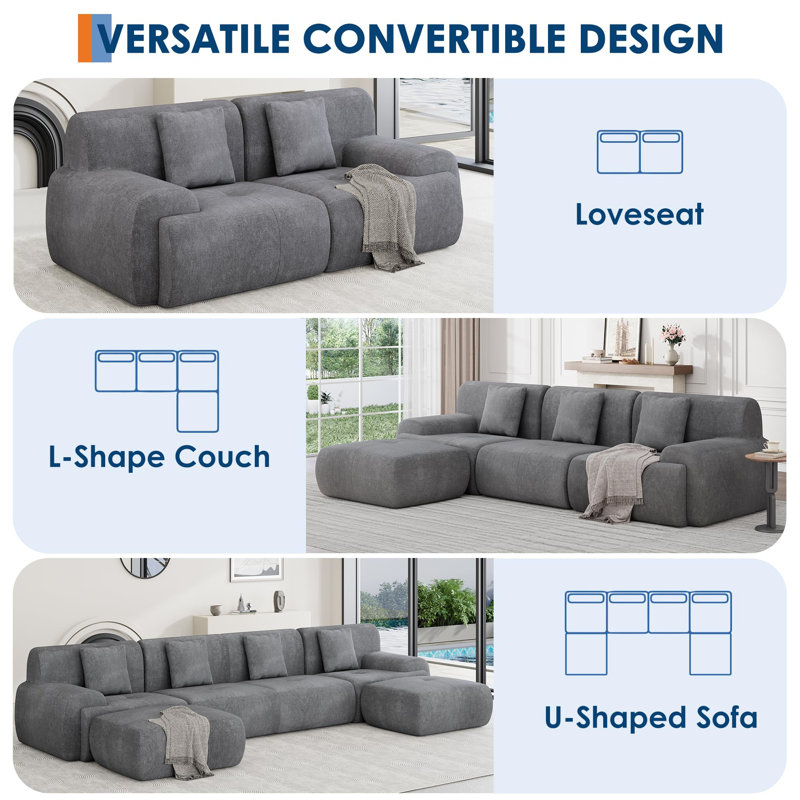 Canapé modulaire Cloud-Like, canapé en velours côtelé sans assemblage avec configurations flexibles, 6 places, Gris