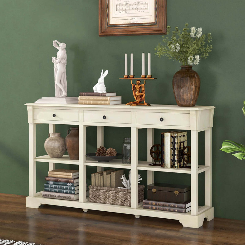  58" Long Sofa Table With Storage Retro Console Table With 3 Drawers & Open Shelves