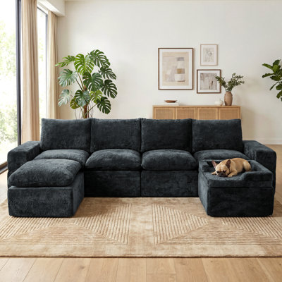 Oversized Cloud Sectional Sofa with Dog Bed Ottoman, Crushed Velvet U-Shaped Modular 6-Seater Couch with Removable Covers, Dary Gray