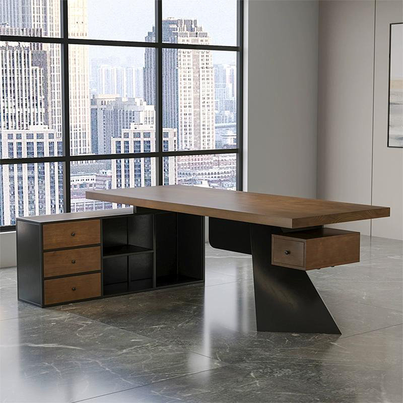 Tan+Black Rectangular Solid Wood+Iron desks, 29.53" H x 94.49" W x 31.5" D, Left Hand Return