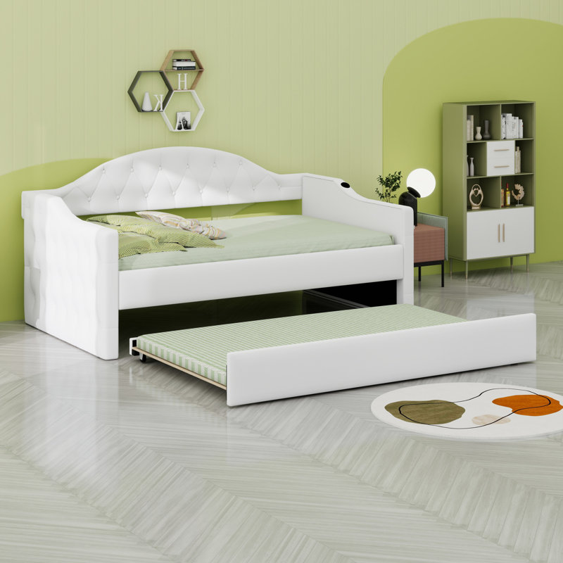 Lit de jour capitonné capitonné avec couchette, avec ports de charge USB et Type-C, Beige
