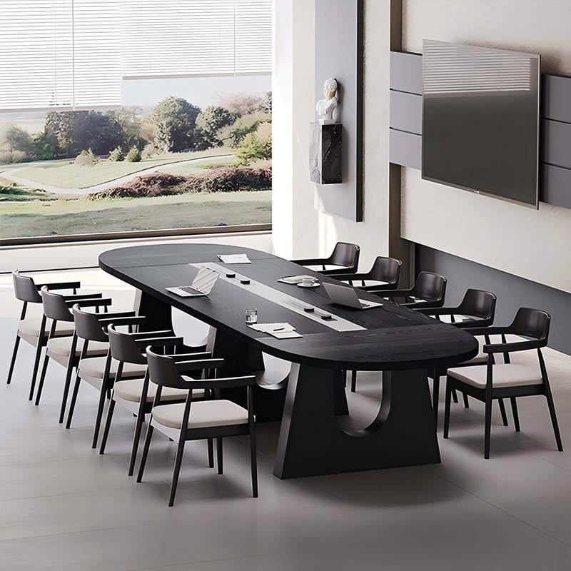 Table de conférence 86,61 "en pin ovale noir avec douille de rail d'alimentation intégrée, Noir
