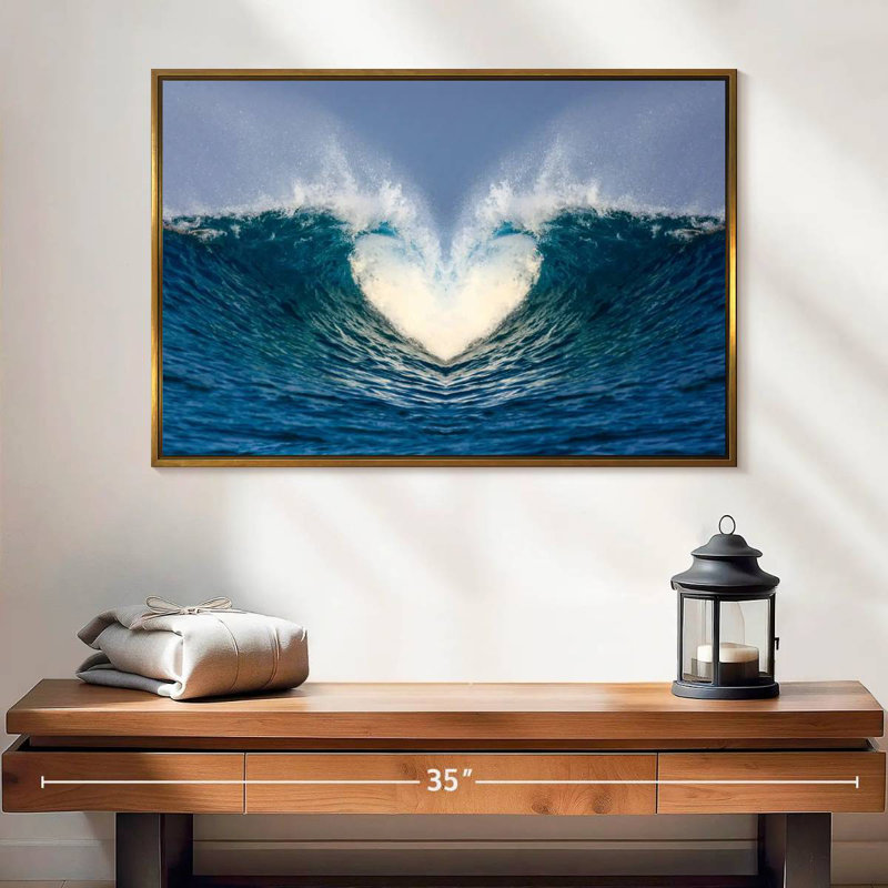 Vague de cœur océanique, 25 po x 17 po, Cadre flottant doré