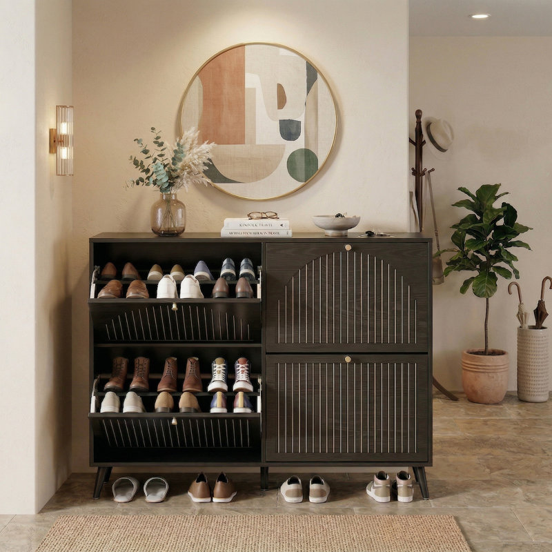 Independent Narrow Black Shoe Cabinet With 4 Flip-Top Drawers For Layered Storage; Practical Storage Cabinet For Small Apartment Entryways And Hallways.