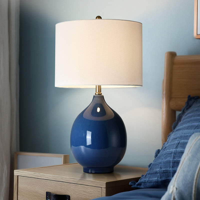 24 po Lampe de table en céramique bleue à 3 voies avec abat-jour tambour