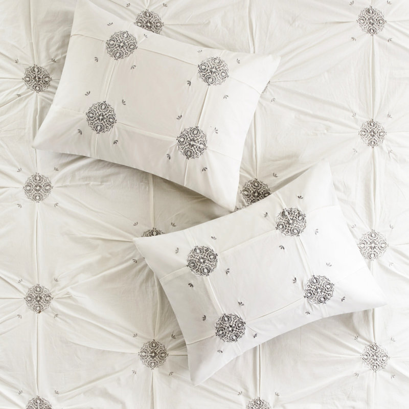 Housse de couette 4 pièces très grand / très grand, housse de couette en coton brodé, revers médaillon gris, housse de très grand lit, avec médaillon, literie réversible