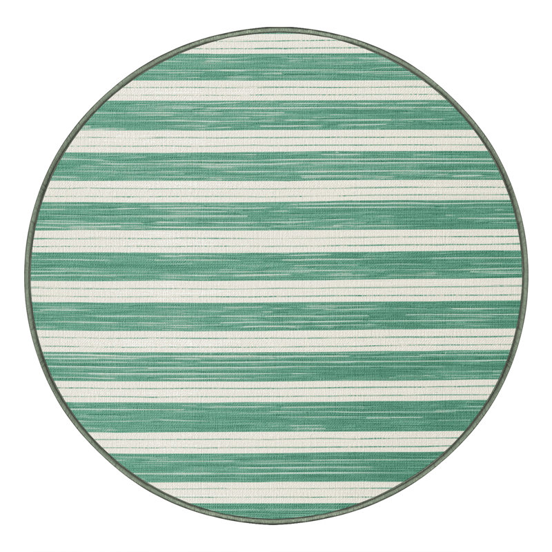 Machine Washable Horizontal Stripes Green Area Rug, Round 3'