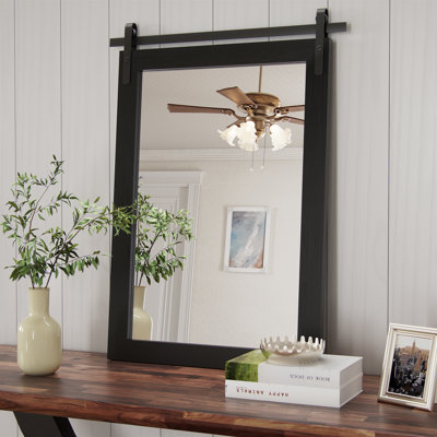 Keira-Mai Barn Door Bathroom Mirror, Black Wood Frame Wall Mounted Vanity Mirror with Metal Hanging Rod, Farmhouse Industrial Rectangle Wall Mirror for Bathroom