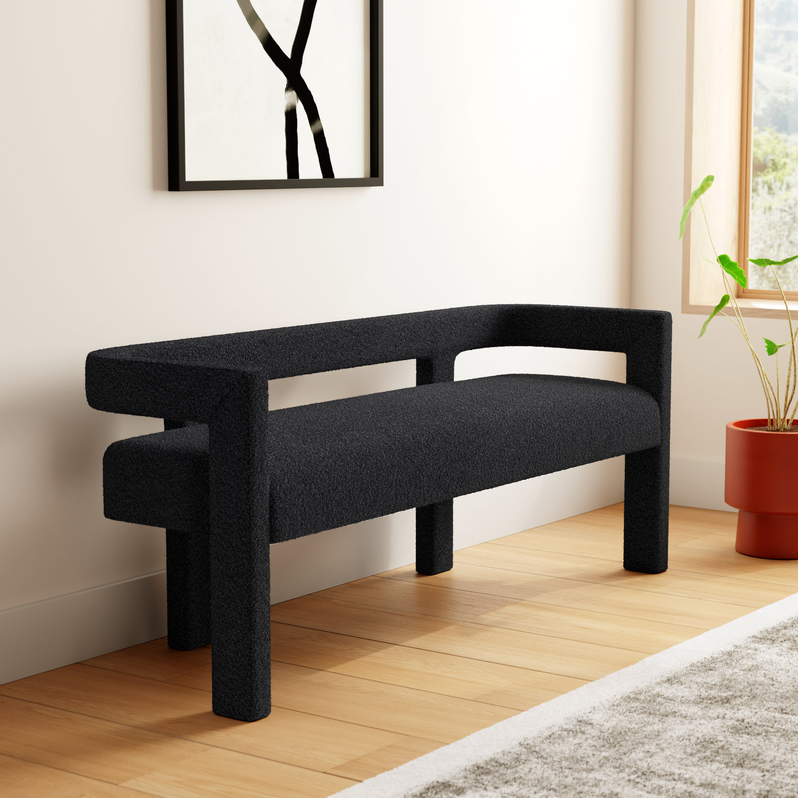 Cedernier Upholstered Boucle Bench, Black