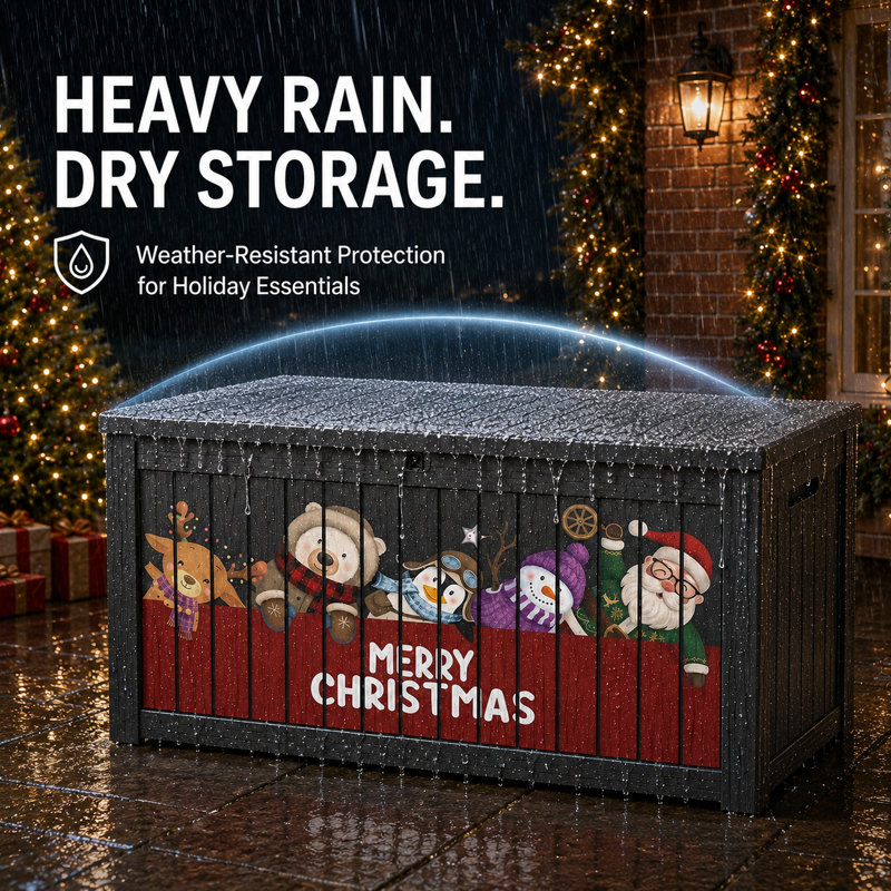 150-Gallon Black Christmas Print Resin Deck Box with Decorative Printed Panels