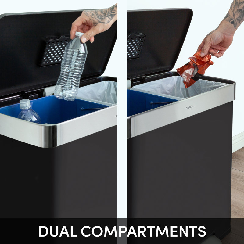 Qualiazero 16 Gallon Stainless Steel Step On Multi-Compartments Trash & Recycling Bin, Matte Black