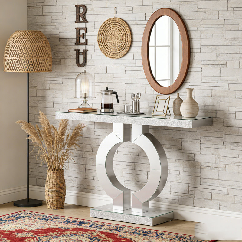 Mirrored Console Table Modern Sofa Table with O-Shaped Base, Silver