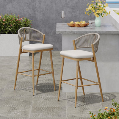 Ensemble de 2 tabourets de bar d'extérieur, structure en aluminium d'une hauteur de siège de 30,25 po avec dossier en PE en rotin