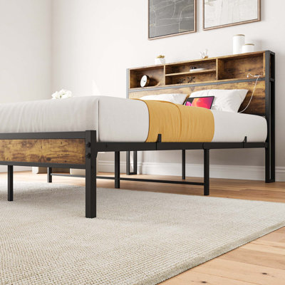 Full Size Bed Frame with Storage Headboard, Metal Platform Bed with Charging Station, Bookcase Storage, No Box Spring Needed, Easy Assembly, Noise-Free, Black 