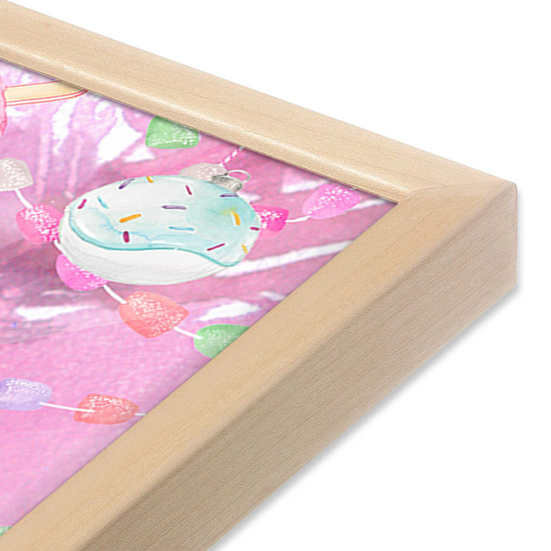 Playful Pink Christmas Tree Print, Raw Maple Single Picture Framed, 37" H x 25" W  x 1.25" D