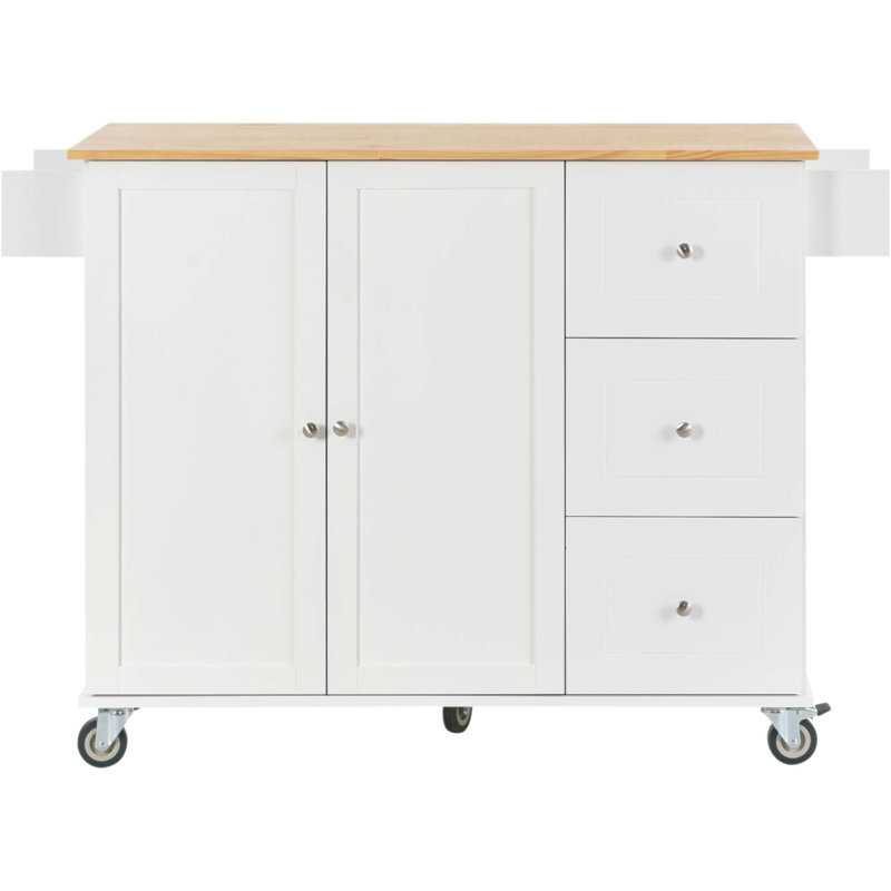 Îlot de cuisine mobile avec plateau en bois massif, roulettes verrouillables et multiples options de rangement pour plus de fonctionnalité et de commodité.