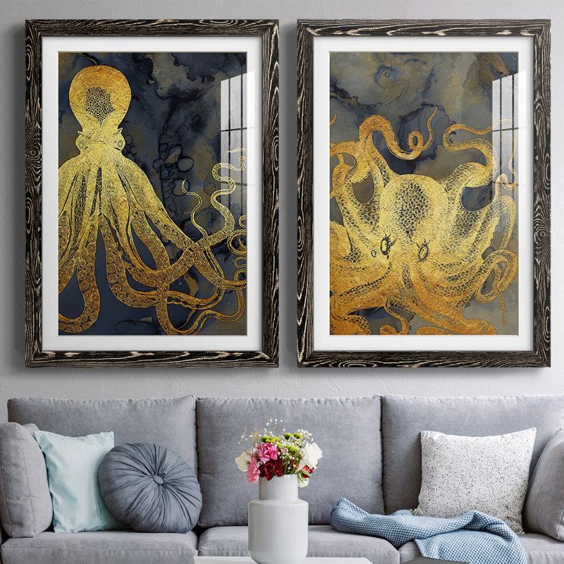 Encre pieuvre dorée et bleue I-Premium, reproduction encadrée - prête à être accrochée, H 31,5 po x l 88 po x P 1,5 po, Noir