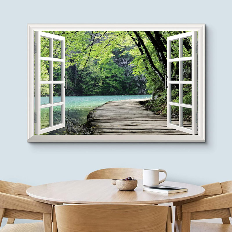 Fenêtre de paysage «Modern White Window donnant sur un pont par un lac entouré d'arbres» sur toile, H 24 po x l 36 po