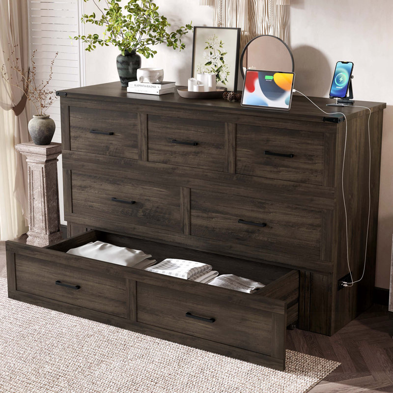 Grand lit escamotable avec station de charge et grand tiroir de rangement, Gris, Grand lit