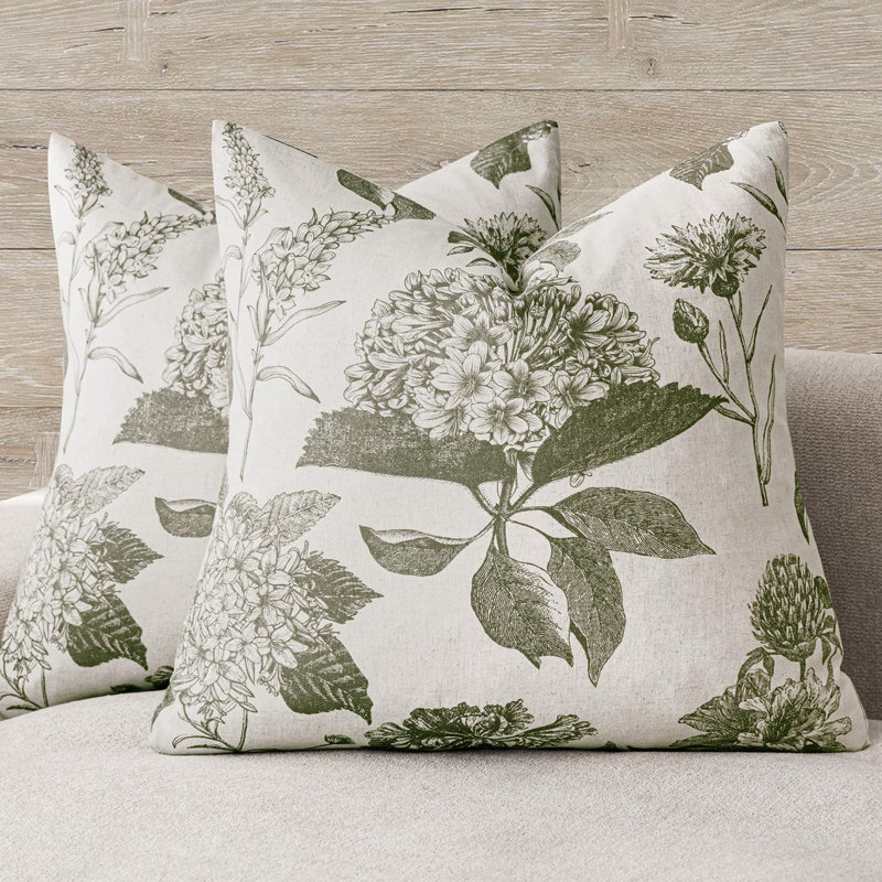 L'ensemble de 2 housses de coussin rétro en lin à motif floral, 18 po x 18 po, Cèdre vert floral
