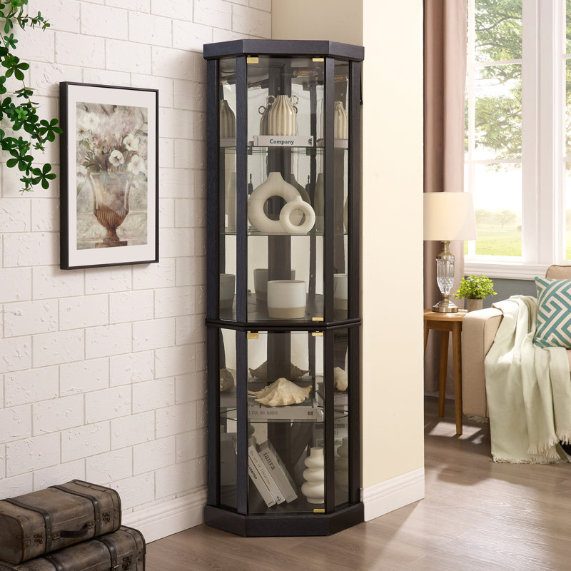 Vitrine d'angle en verre Therris, Noir, H 69,85 po x l 16,5 po x P 16,5 po