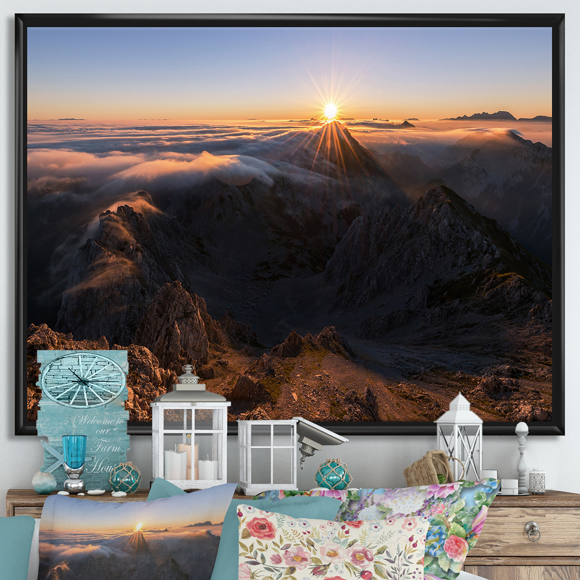 Mystic Sunrise With Rolling Fog In The Mountains Framed On Canvas Photograph