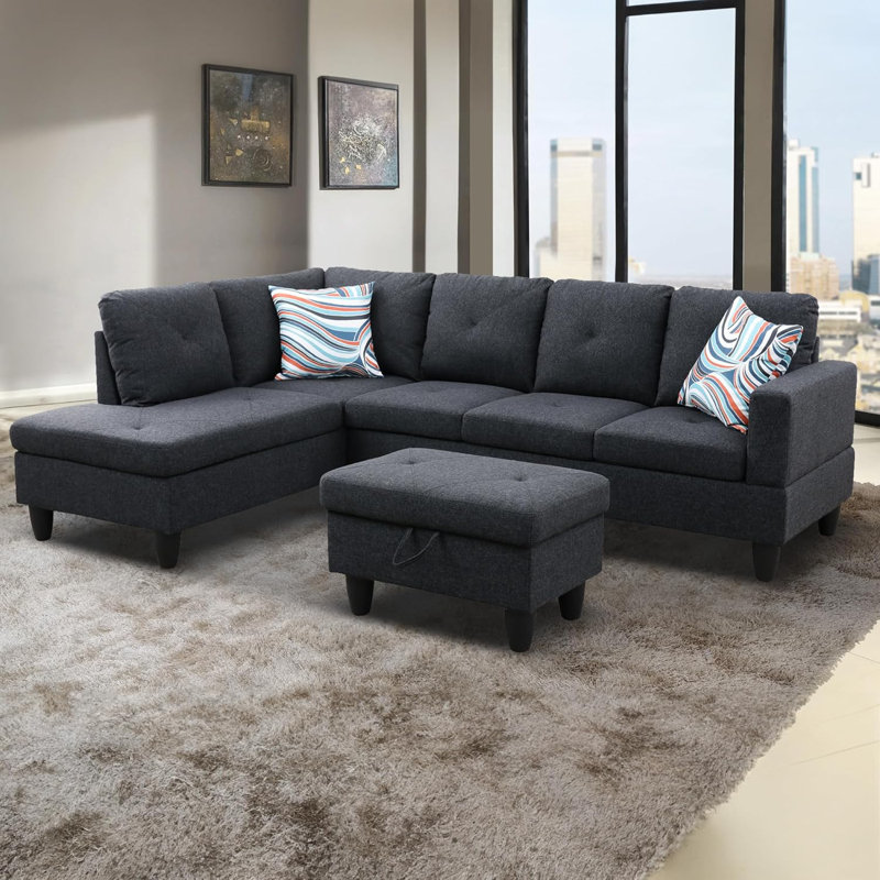 3-Piece Linen Sectional Sofa, Left Hand Facing, Black Gray