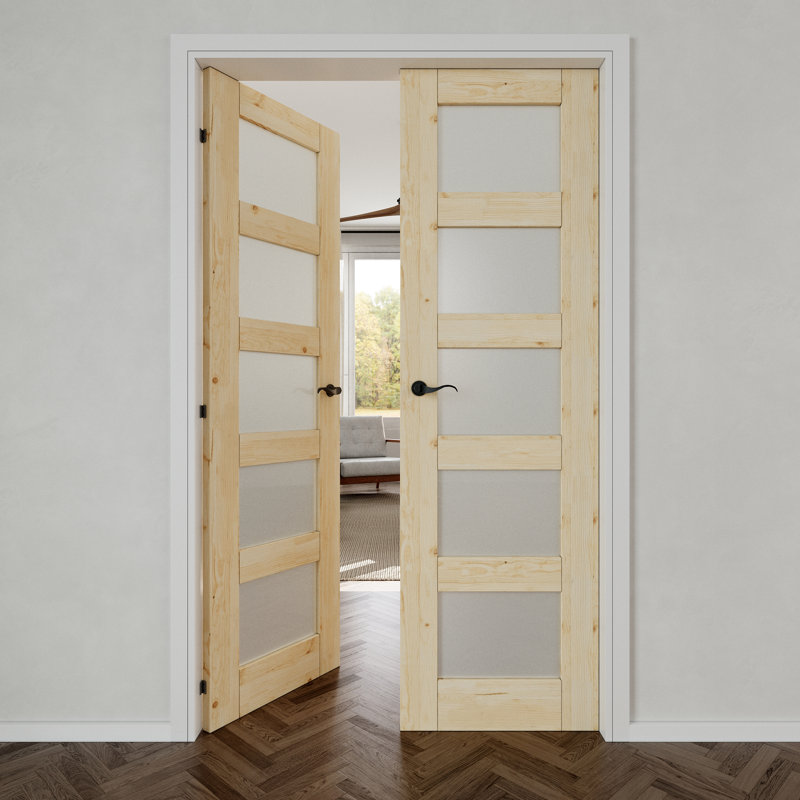 Porte prémontée en bois massif givré 5 pièces avec quincaillerie / cadre Iinterior, 48 po x 80 po, Or/noir