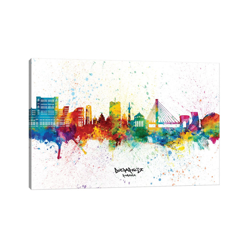 Bucharest Romania Skyline Splash by Michael Tompsett - Wrapped Canvas Gallery-Wrapped Canvas Giclée, 20.32 cm H x 30.48 cm W