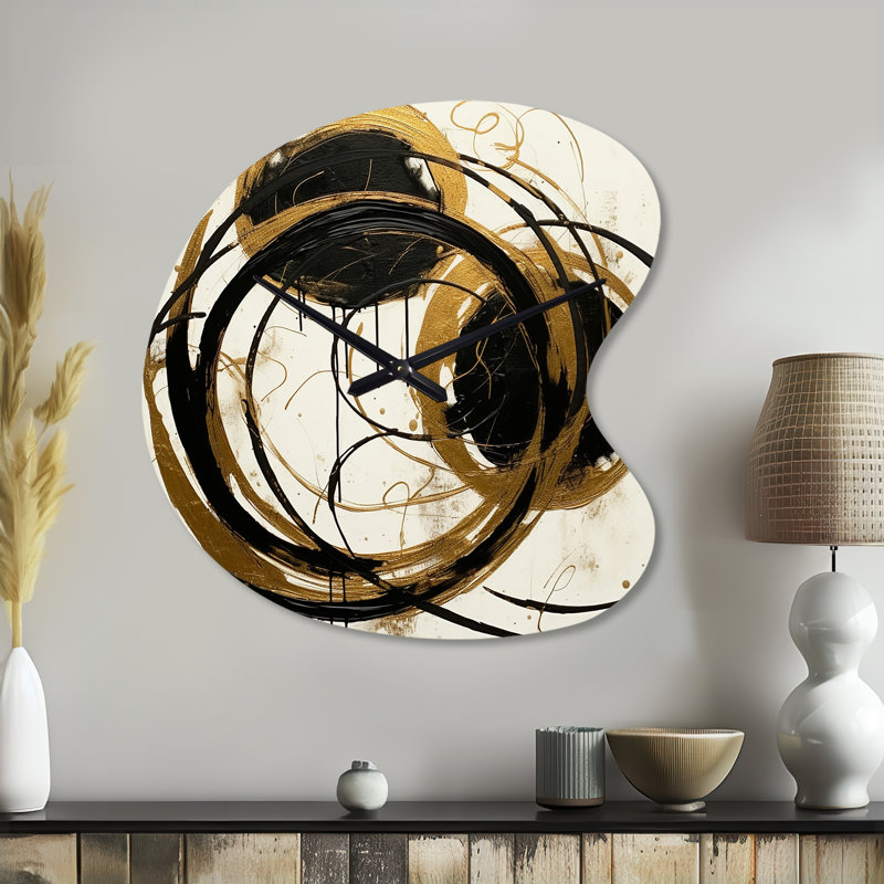 «Black And Gold The Art Of Chaos II», peinture abstraite de forme abstraite, horloges murales en métal, horloge murale asymétrique