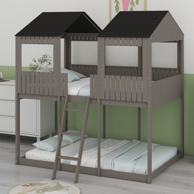 Wood Bunk Bed With Roof, Window, Guardrail
