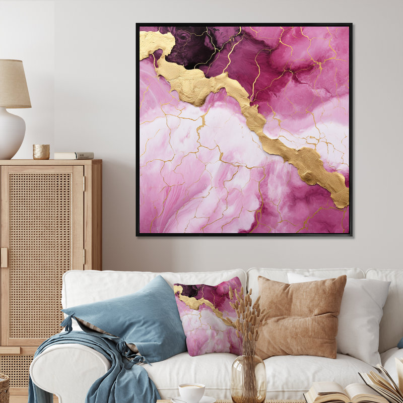 Essence de marbre rose et or IV - décoration murale en marbre, Cadre flottant noir, H 30 po x l 30 po x P 1,5 po