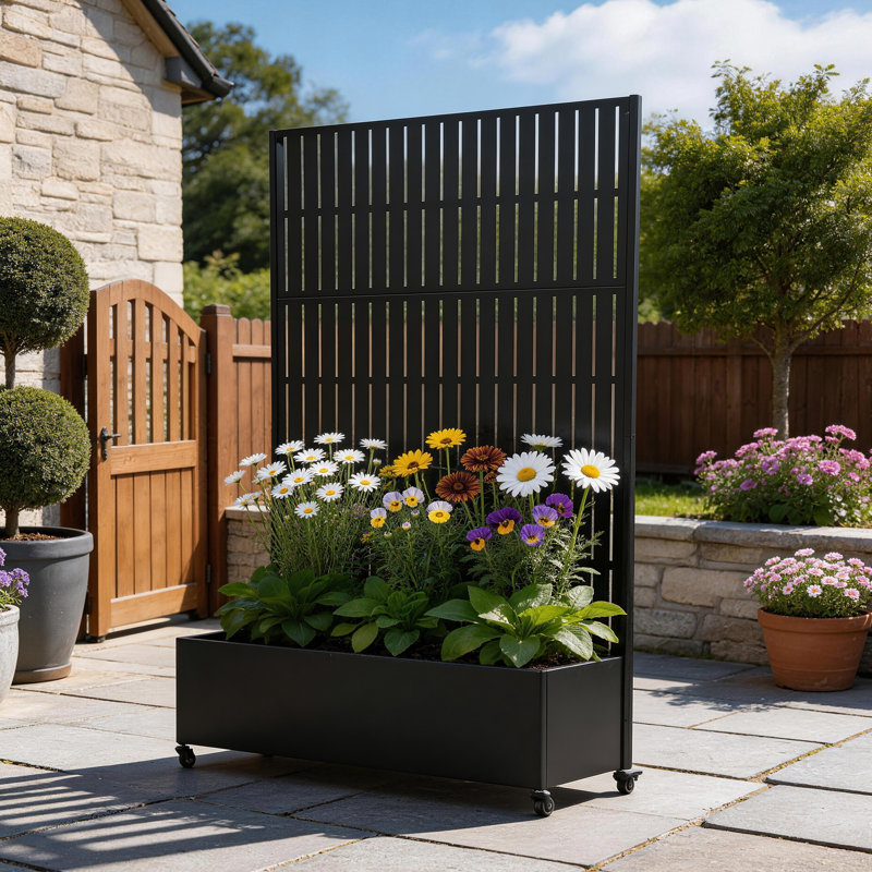 Boîte à fleurs en métal avec treillis et roues, H 70,8 po x l 47,2 po x P 15,7 po, Noir