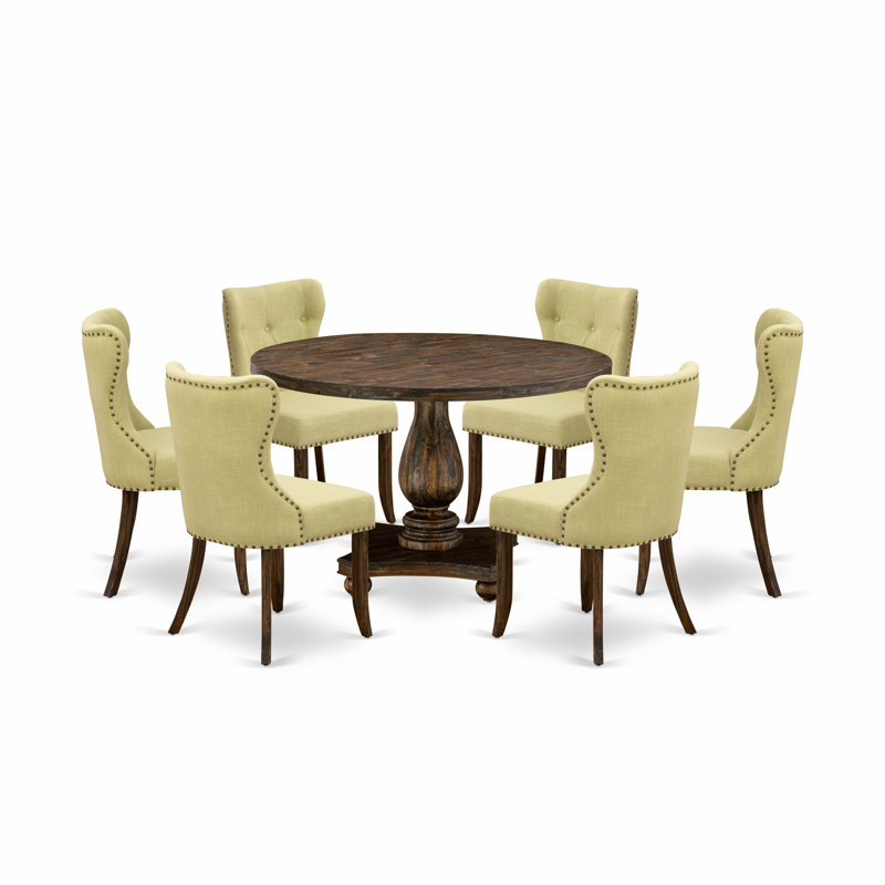 Distressed Jacobean Round Pedestal Dining Table with Limelight Linen Chairs