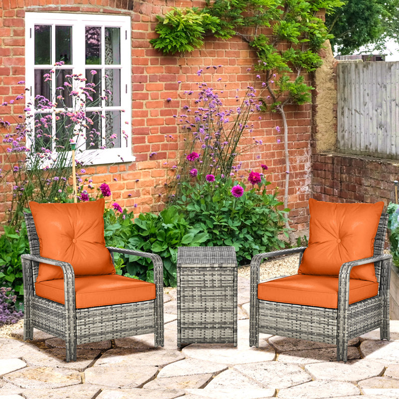 Outsunny 3 Pieces Rattan Bistro Set with 72 L Storage Coffee Table Orange