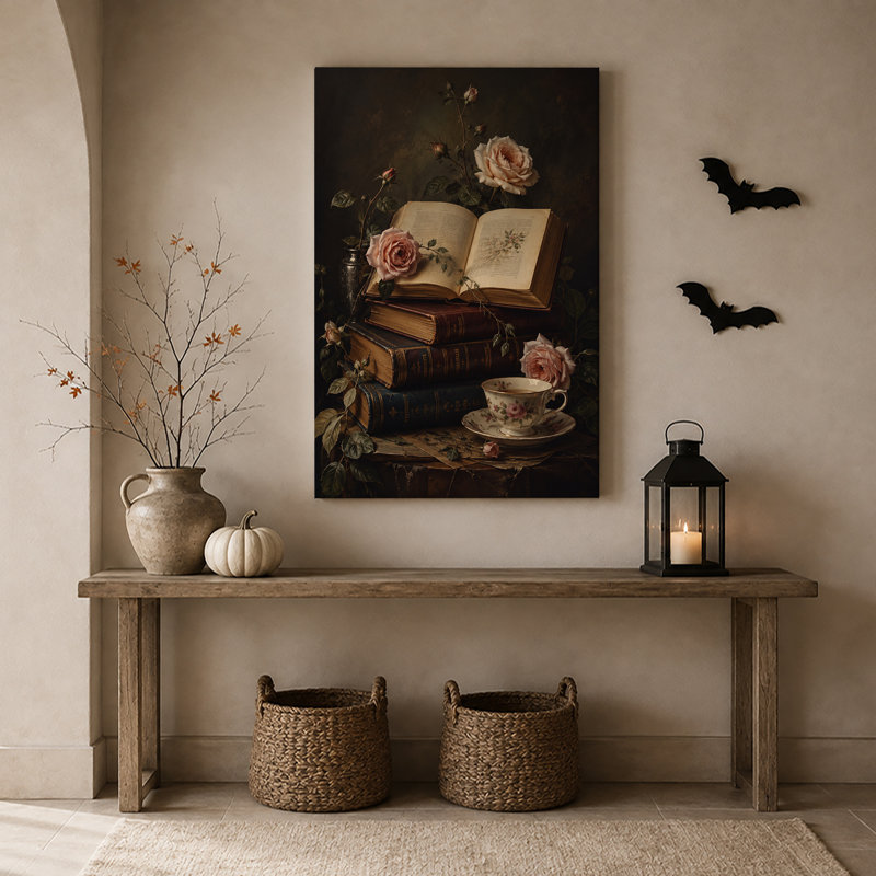 Art rétro sur toile, livres rétro et roses roses avec tasse de thé, H 24 po x l 16 po