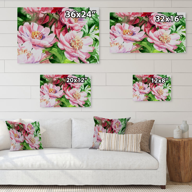 Aquarelle, pivoines roses, reproduction sur toile flottante, H 16 po x l 32 po x P 1 po, Toile tendue